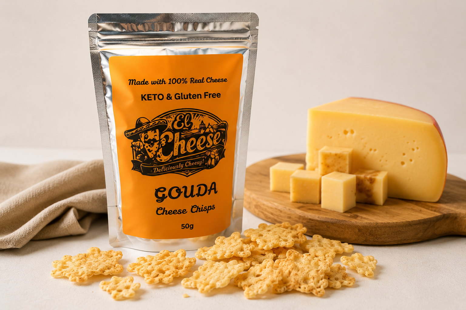 El Cheese Gouda Cheese Crisps pouch with baked cheese crisps on a wooden board
